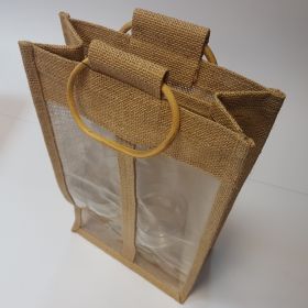 Jute bag with windows - twin wine bottle bamboo handles